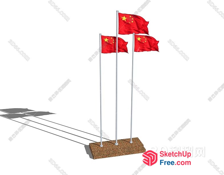 Three Chinese Flags On A Wooden Platform 3D SketchUp File