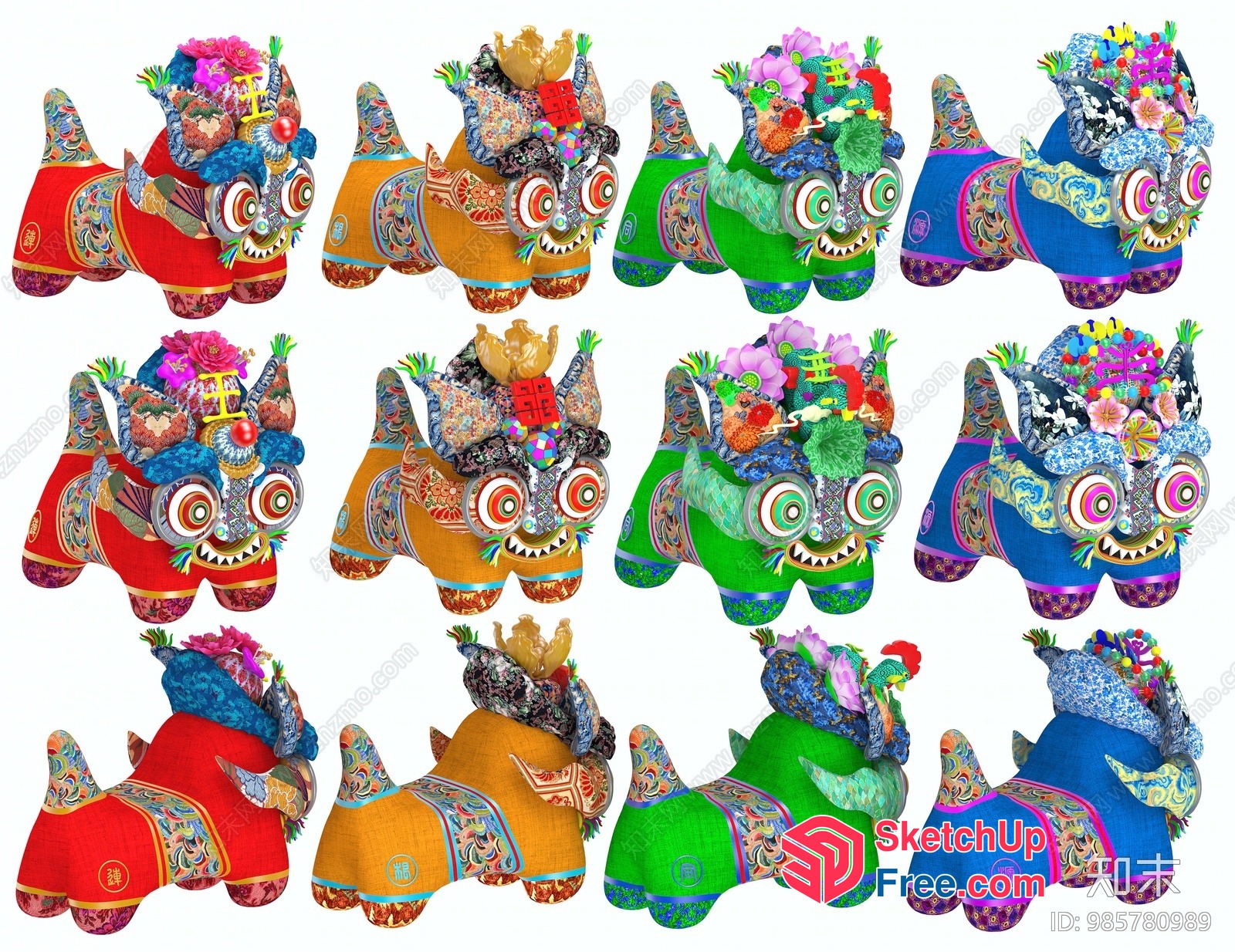 Colorful And Intricate Chinese Lion Dance Sculptures 3D SketchUp File