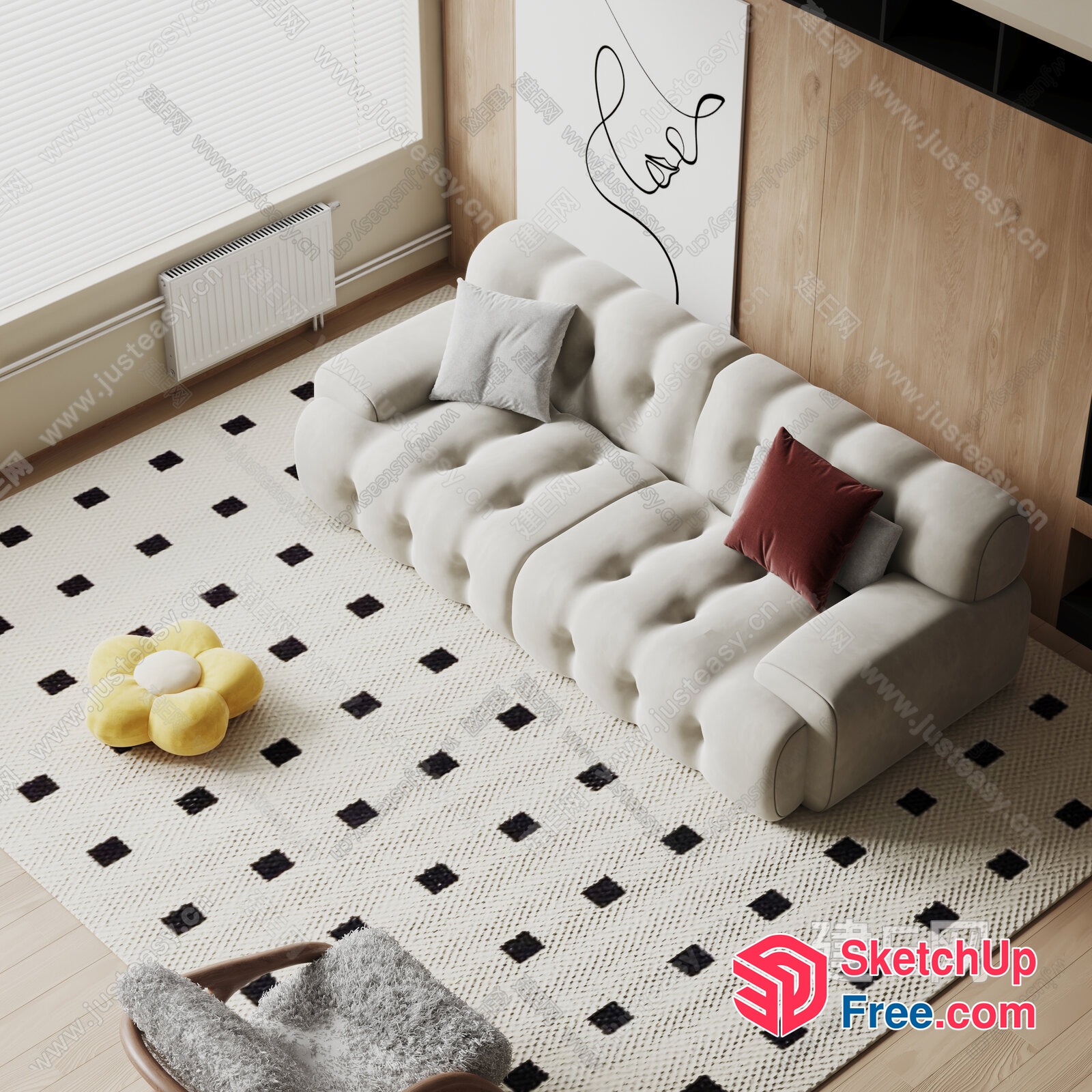 Modern Living Room With Creamy Style Sofa And Pillows 3D SketchUp File