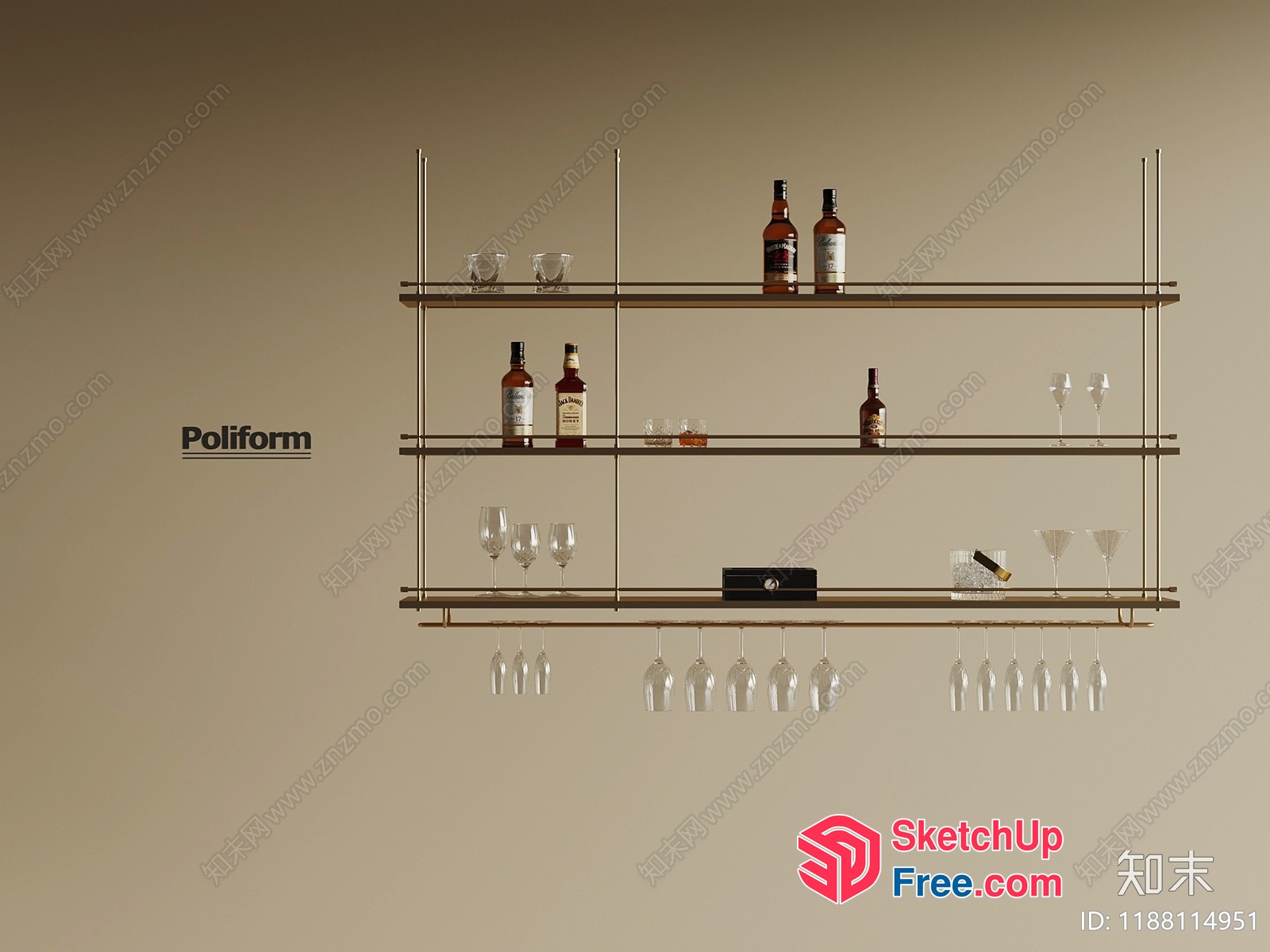 Poliform Shelf With Wine Glasses And Bottles 3D SketchUp File