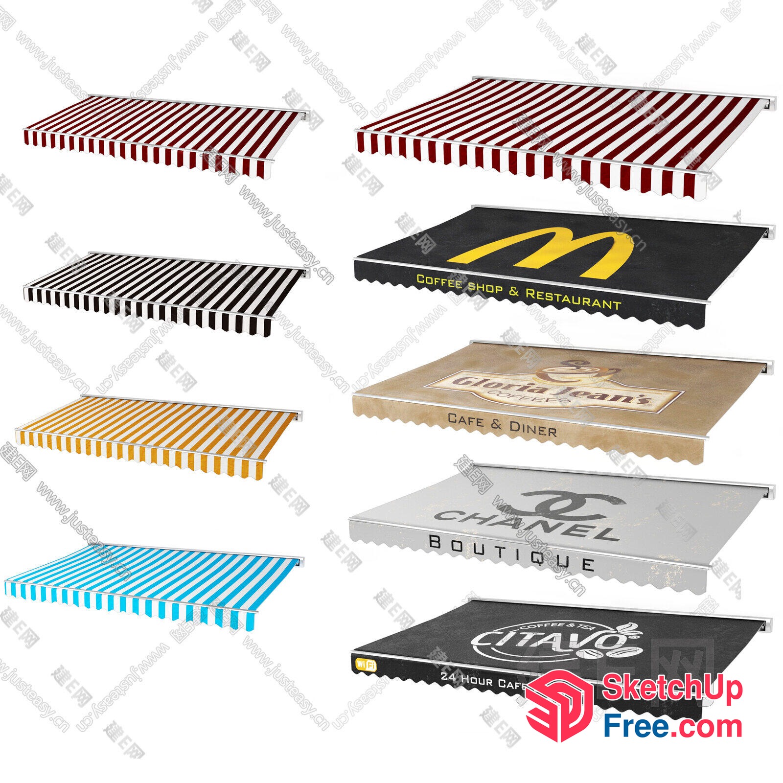Awnings With Diverse Stripes And Brand Logos 3D SketchUp File