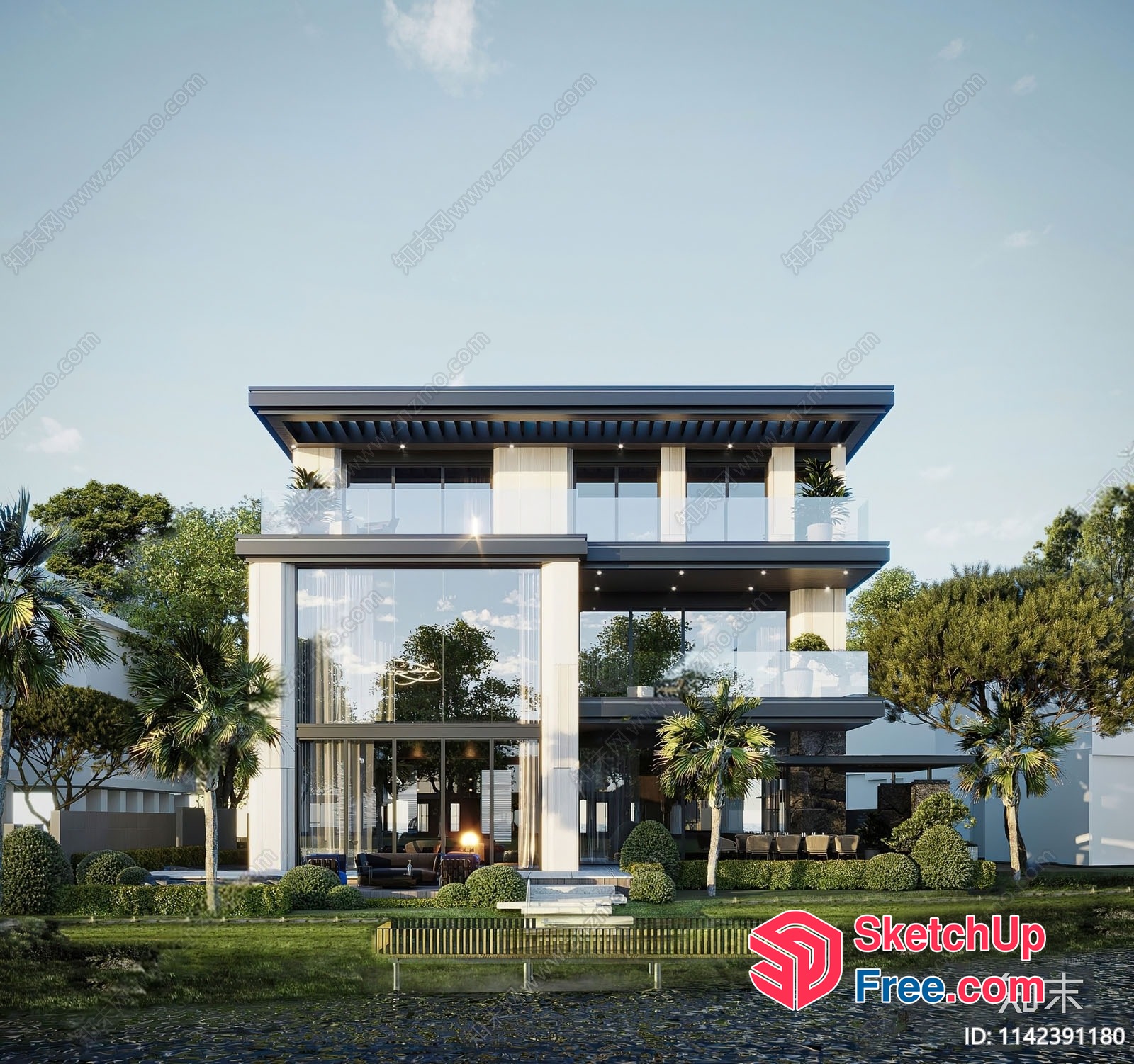Modern Villa With Glass Curtain Wall And Balcony 3D SketchUp File