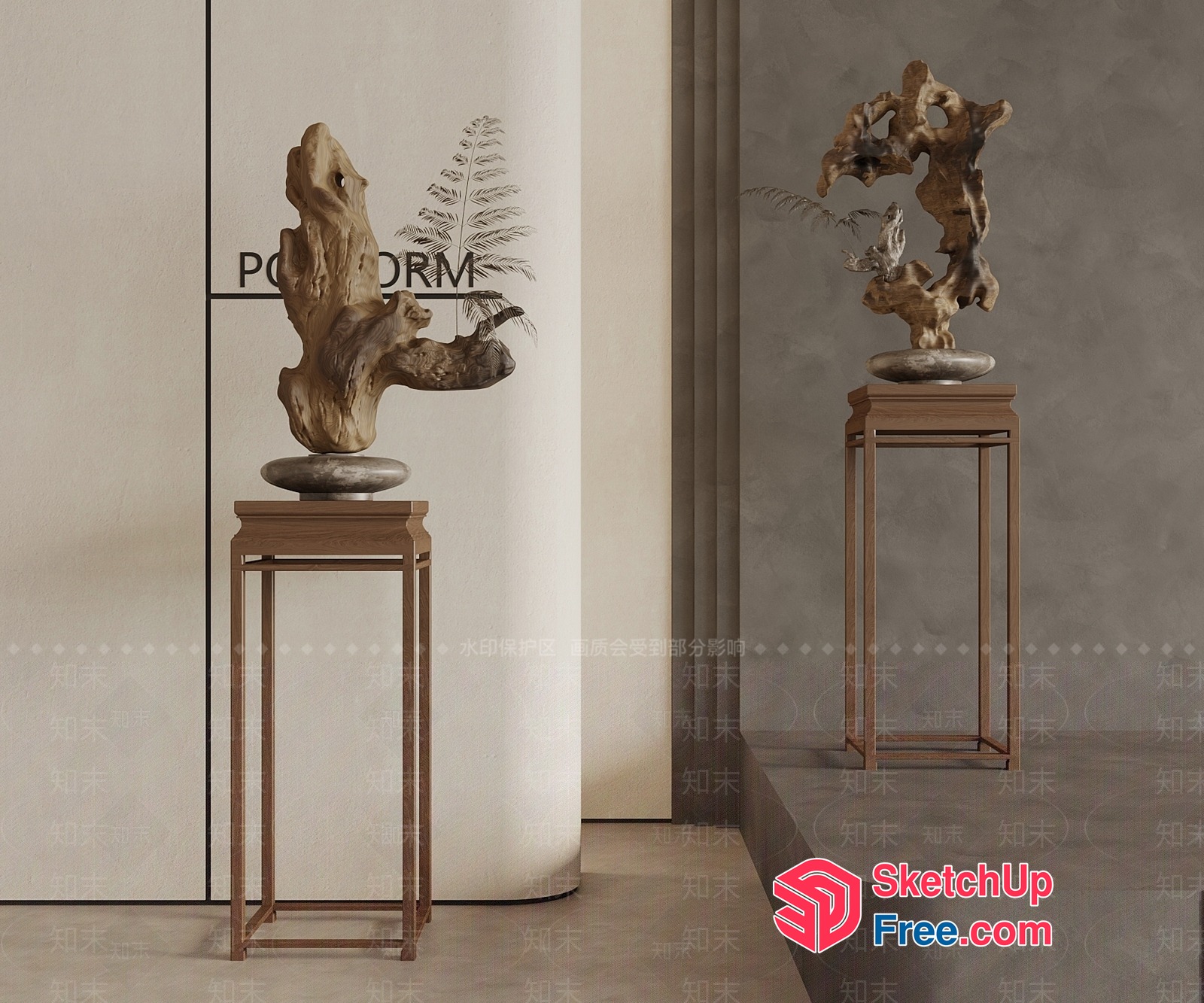 Elegant Stone And Wood Sculpture On Pedestal 3D SketchUp File