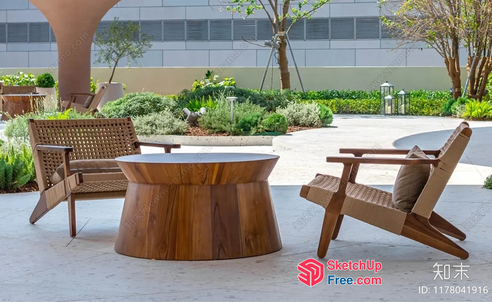 Outdoor Seating Area With Wooden Furniture And Plants 3D SketchUp File