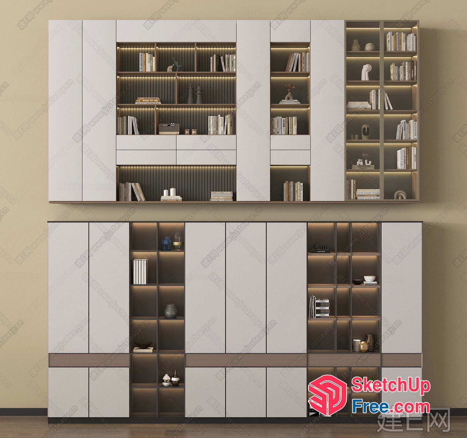 Modern Bookshelf Design With Led Lighting And Decorative Elements 3D SketchUp File