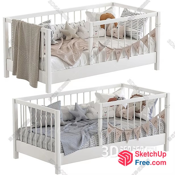 White Crib With Decorative Bunting And Pillows 3D SketchUp File