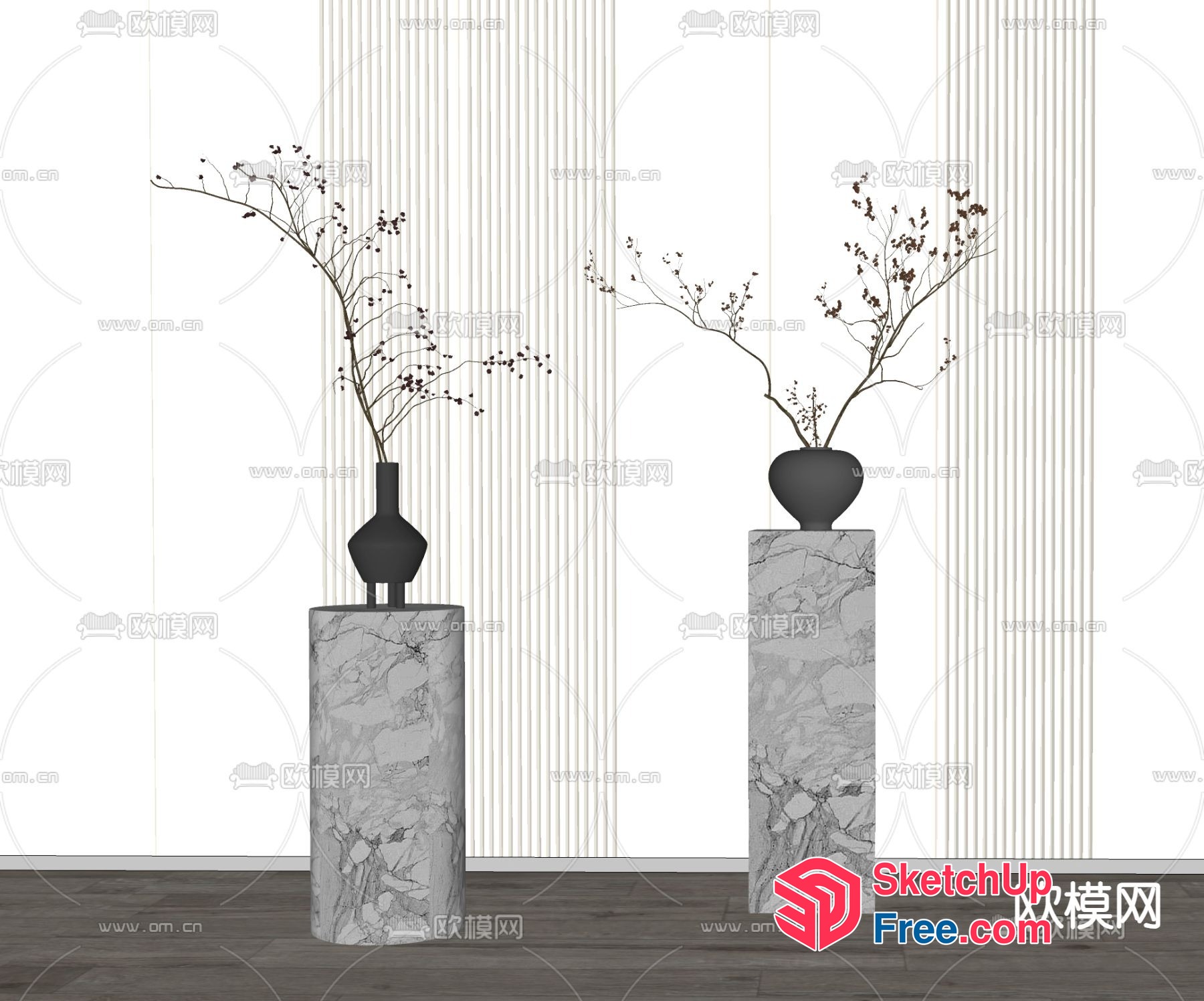 Two Vases On Marble Pillars 3D SketchUp File