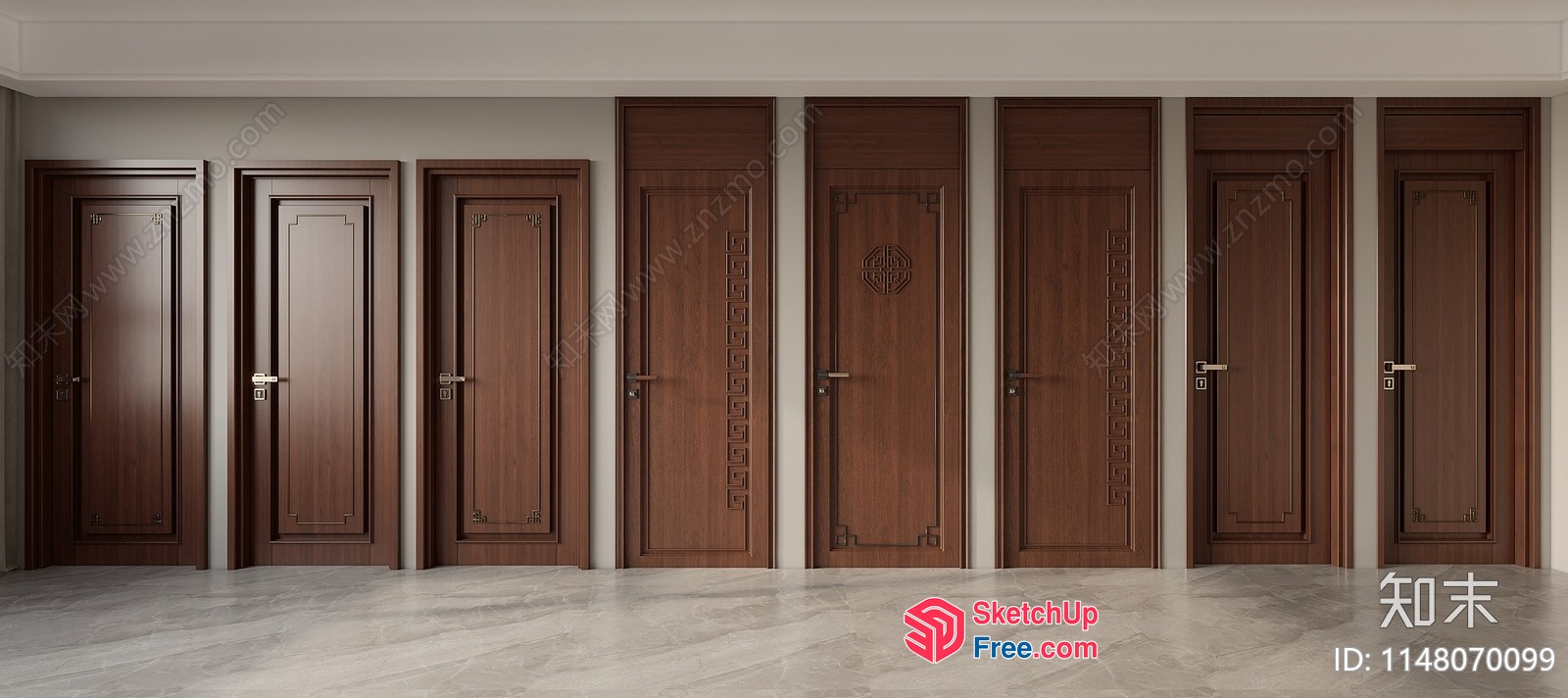 Six Doors In A Row With Various Designs 3D SketchUp File
