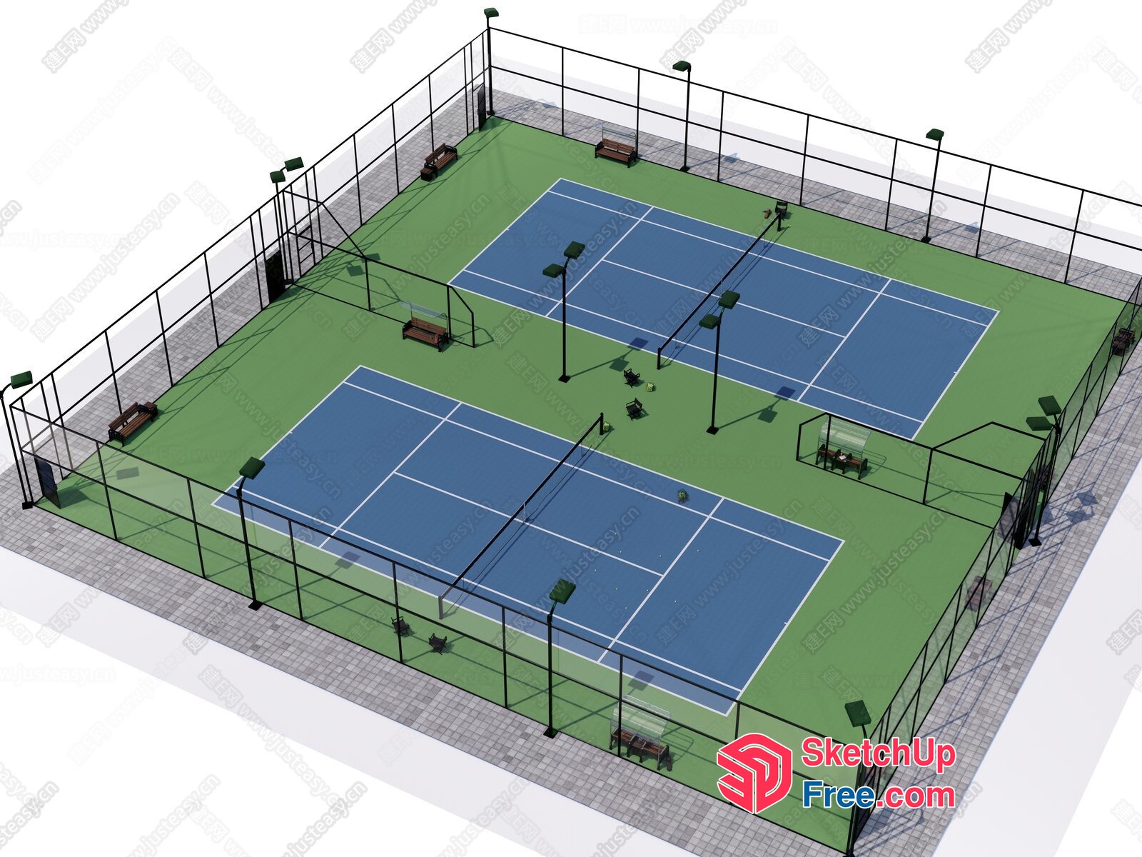 Tennis Court With Benches And Lighting 3D SketchUp File