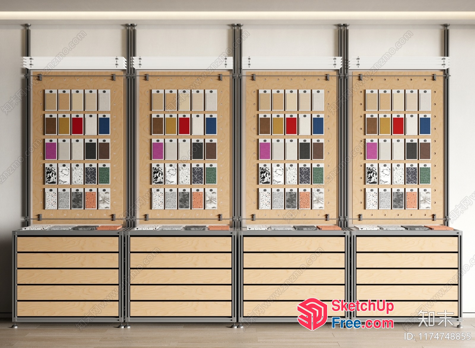 Colorful Samples Displayed On Wooden Boards And Cabinets 3D SketchUp File