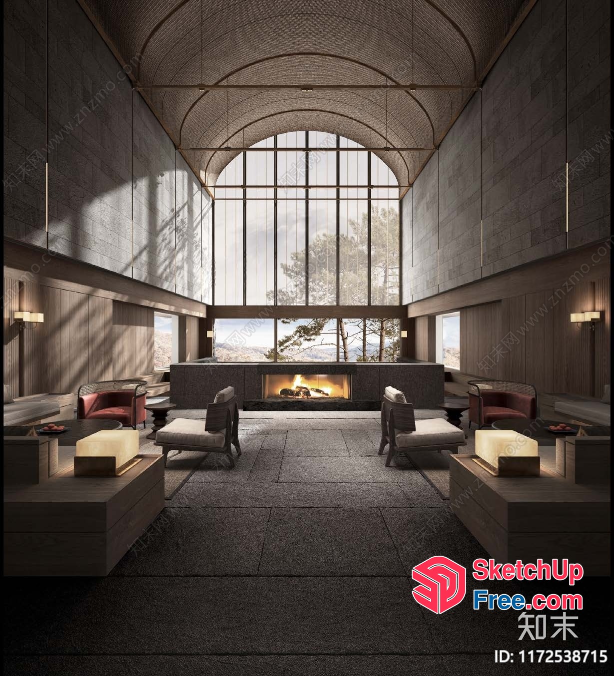 Elegant Modern Japanese-Style Living Room With Fireplace 3D SketchUp File