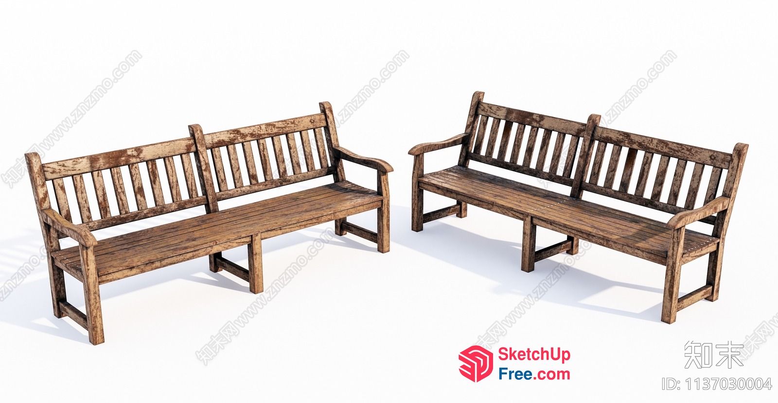 Two Weathered Wooden Benches In A Row 3D SketchUp File
