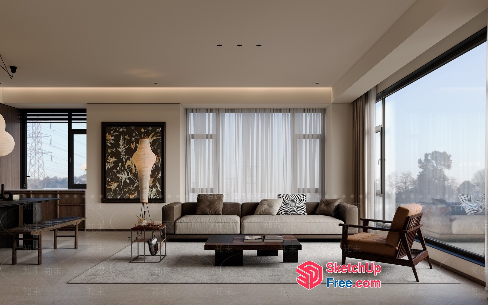 Modern Japanese-Inspired Living Room With Natural Light 3D SketchUp File