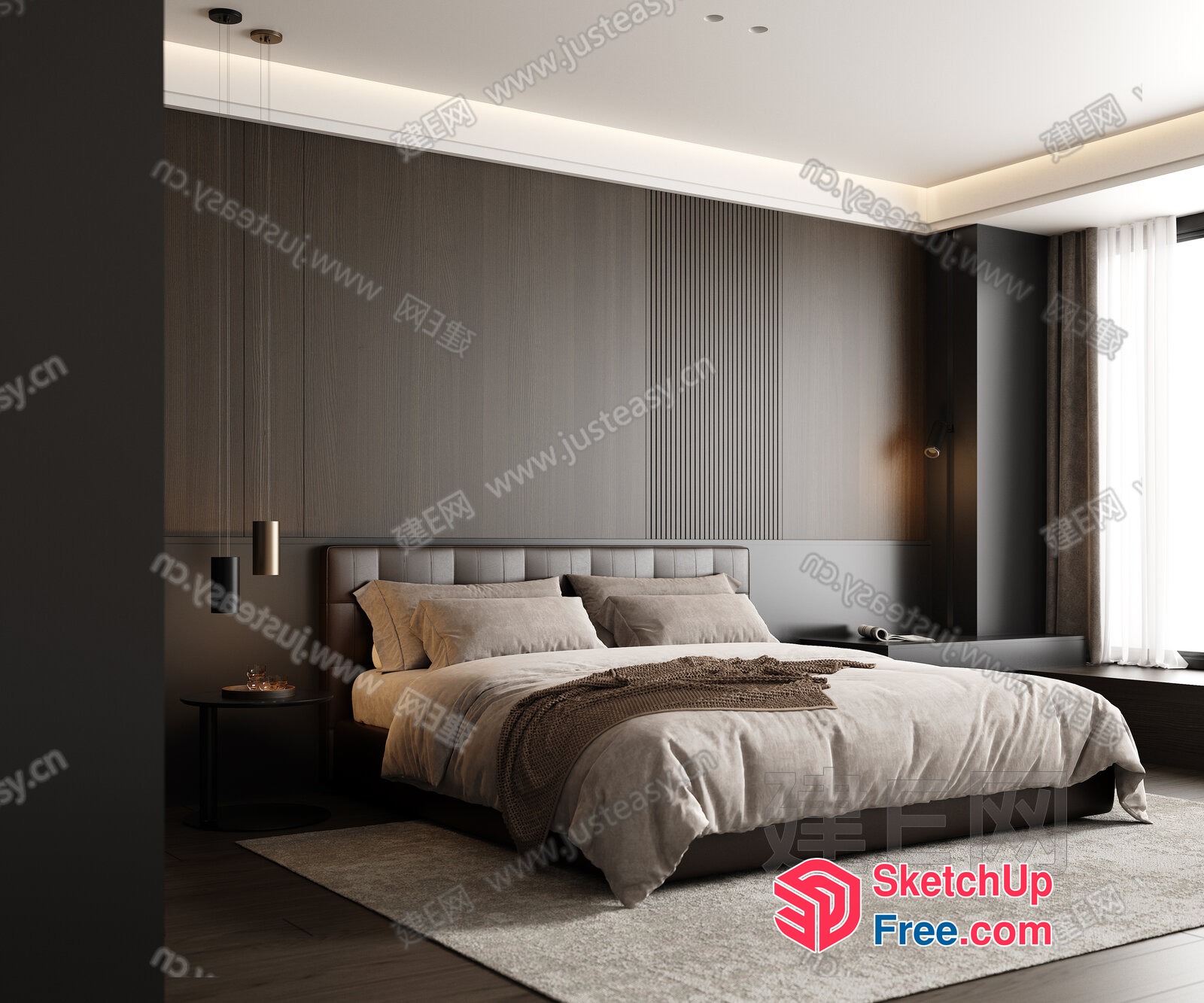 Modern Minimalist Bedroom With Creamy Style Bed And Pillows 3D SketchUp File