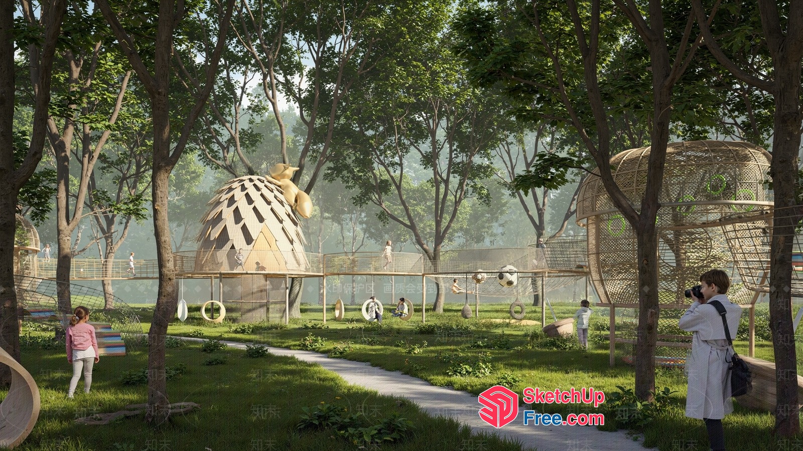 Outdoor Playground With Unique Treehouse Structures 3D SketchUp File