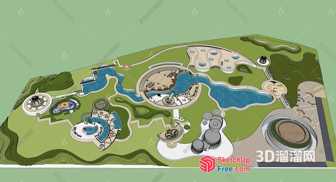 Futuristic Landscape Design With Water Features And Greenery 3D SketchUp File