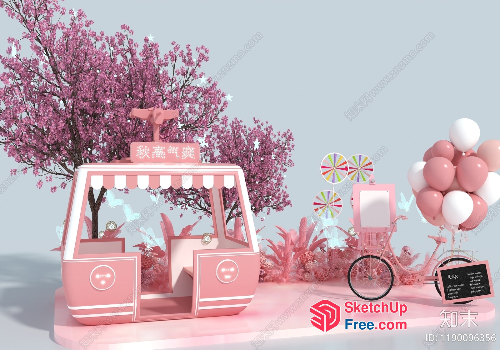 Pastel Pink Food Truck And Cart Scene 3D SketchUp File