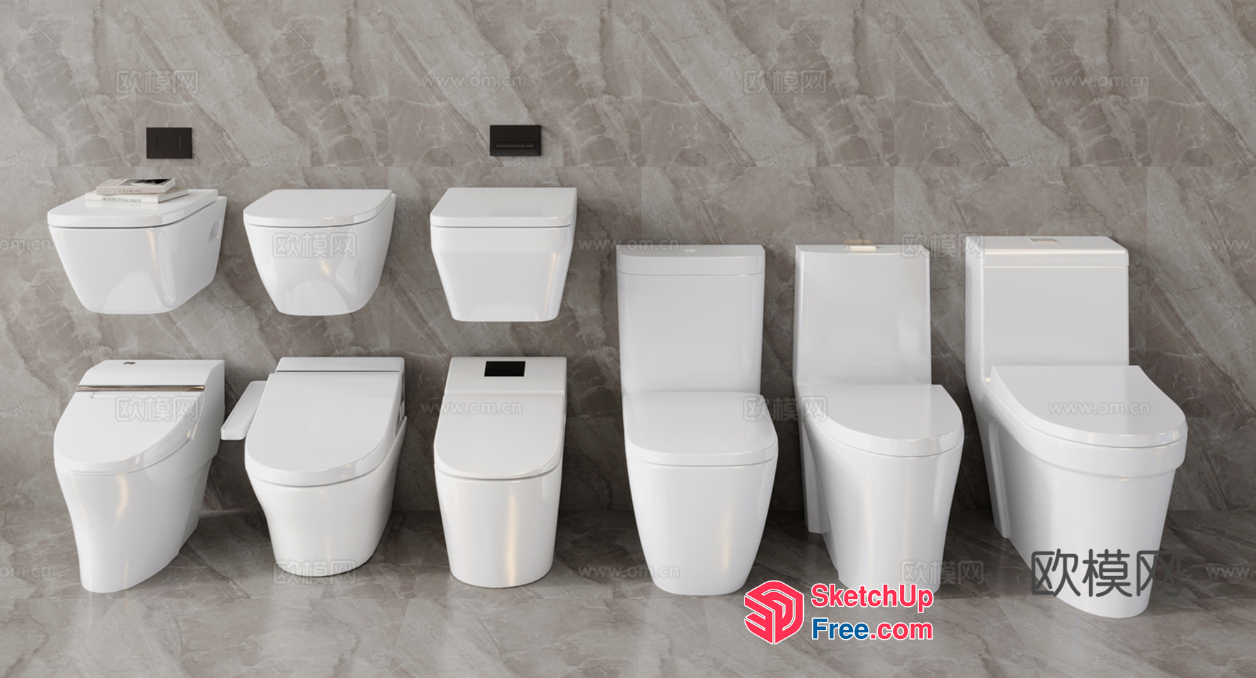 Modern White Toilet Set With Wall-Mounted And Floor-Mounted Options 3D SketchUp File