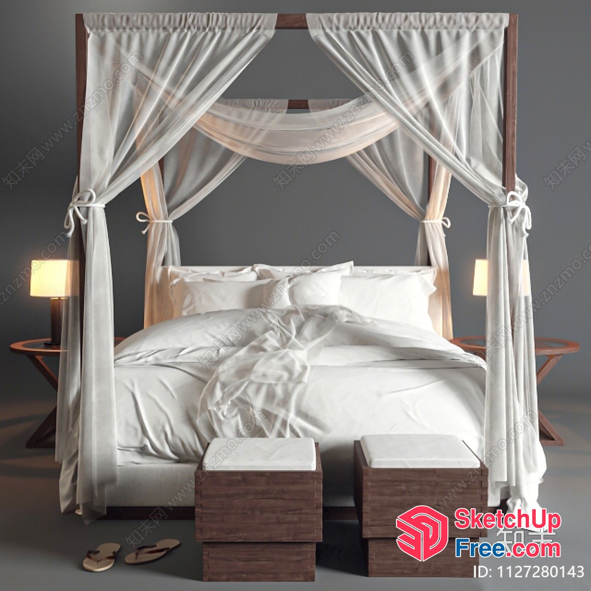 Elegant White Bed With Canopy And Wooden Frame 3D SketchUp File