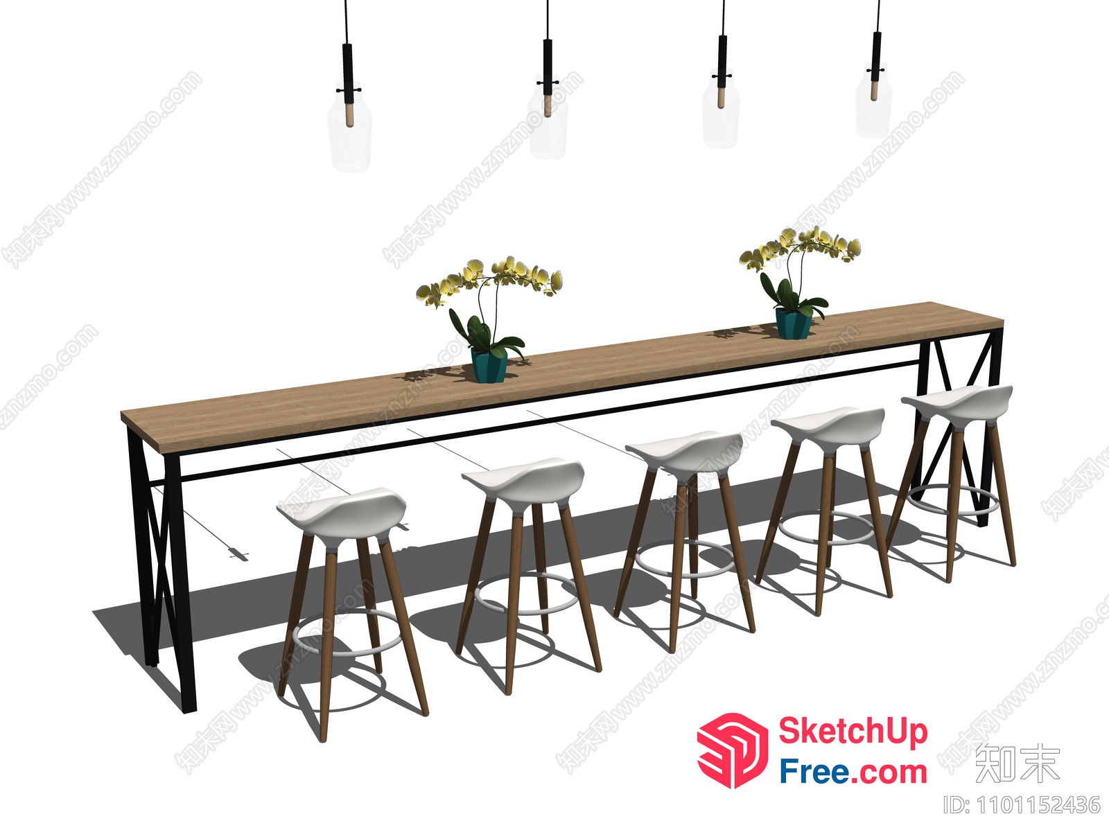Modern Bar Counter With Stools And Potted Plants 3D SketchUp File