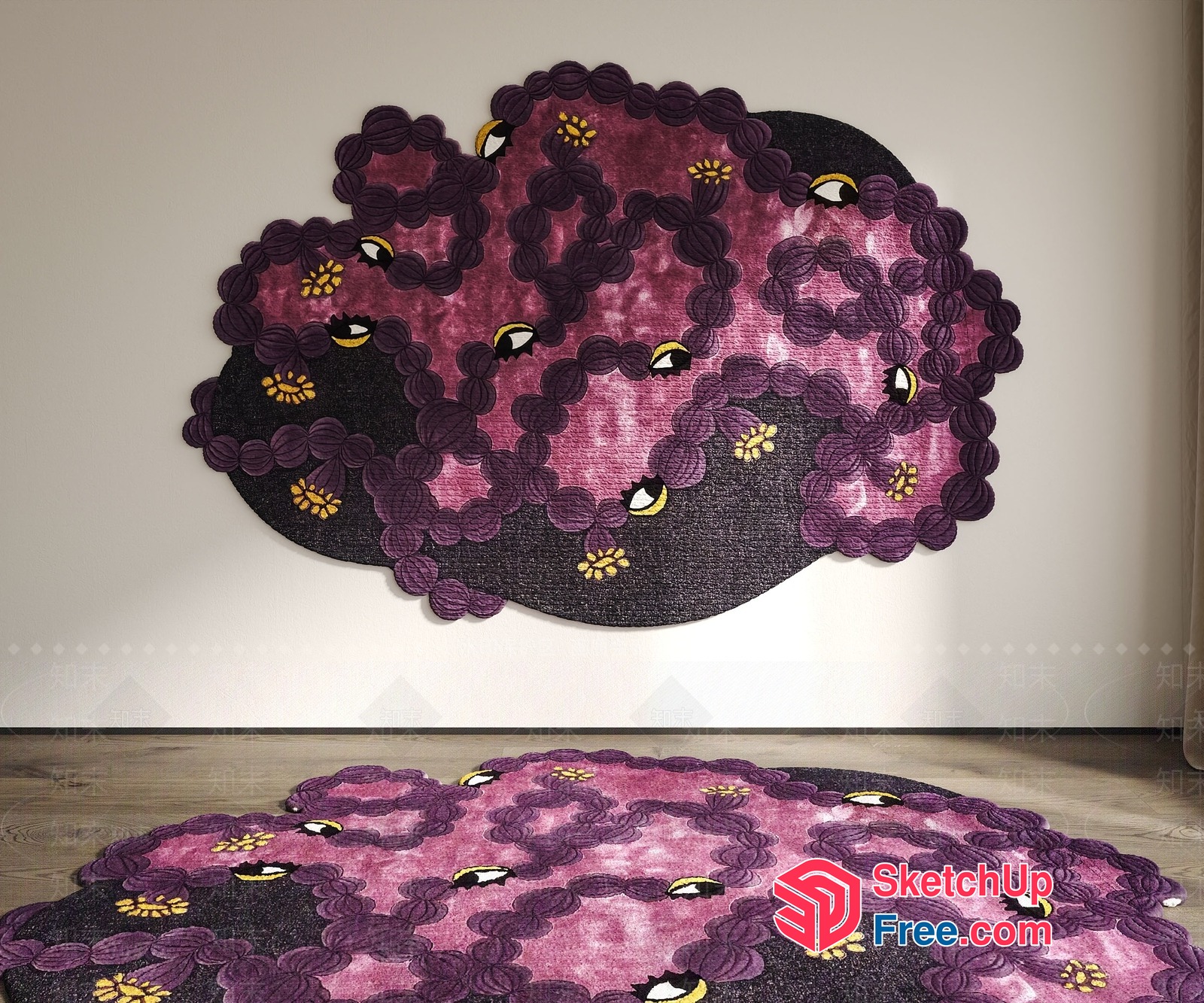 Intricate Purple Floral Rug With Whimsical Eyes 3D SketchUp File