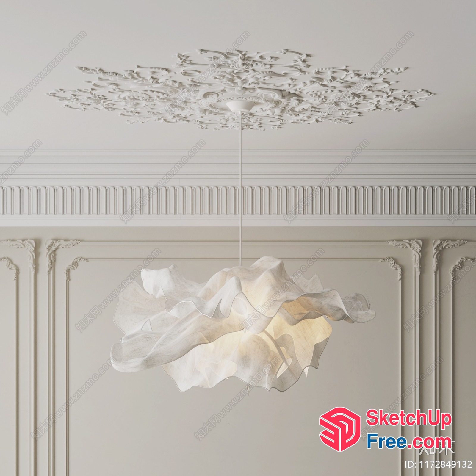 Ornate Ceiling Detail With White Ruffled Light Fixture 3D SketchUp File
