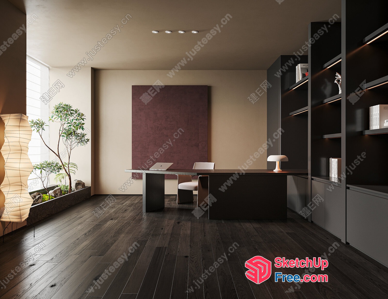 Modern Office Space With Dark Wood Floors And Minimalist Decor 3D SketchUp File