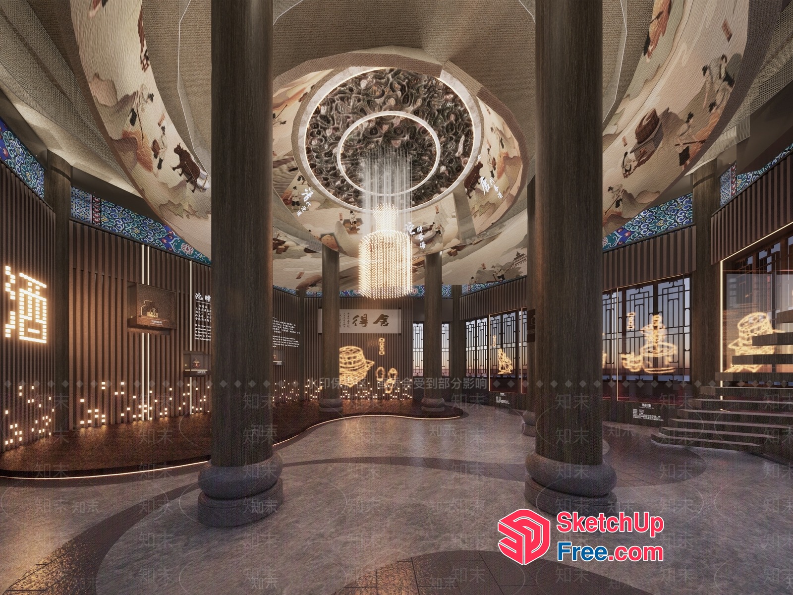 Luxurious Pillared Hallway With Ornate Ceiling 3D SketchUp File