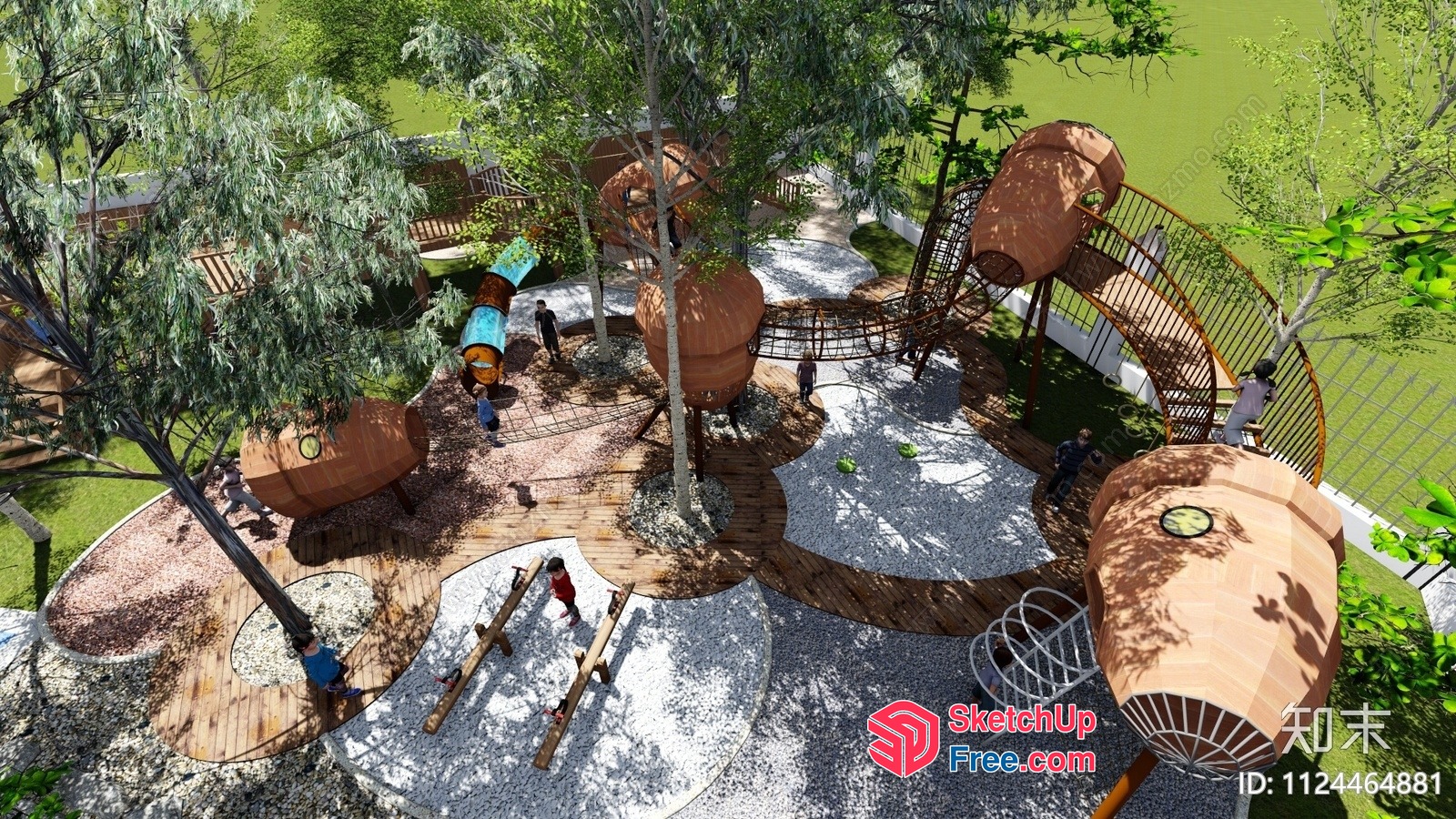 Modern Outdoor Playground With Unique Treehouse Structures 3D SketchUp File