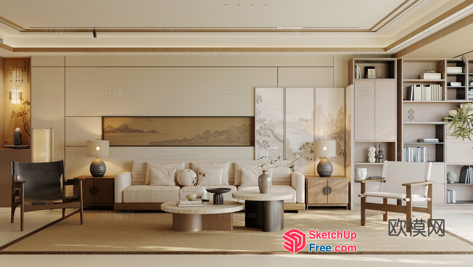 Minimalist Japanese Style Living Room With Creamy And Brown Decor 3D SketchUp File