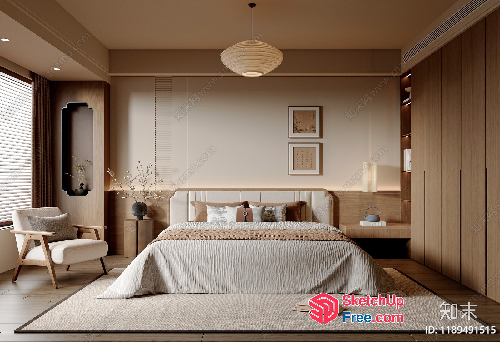 Serene Japanese-Style Bedroom With Creamy Accent 3D SketchUp File