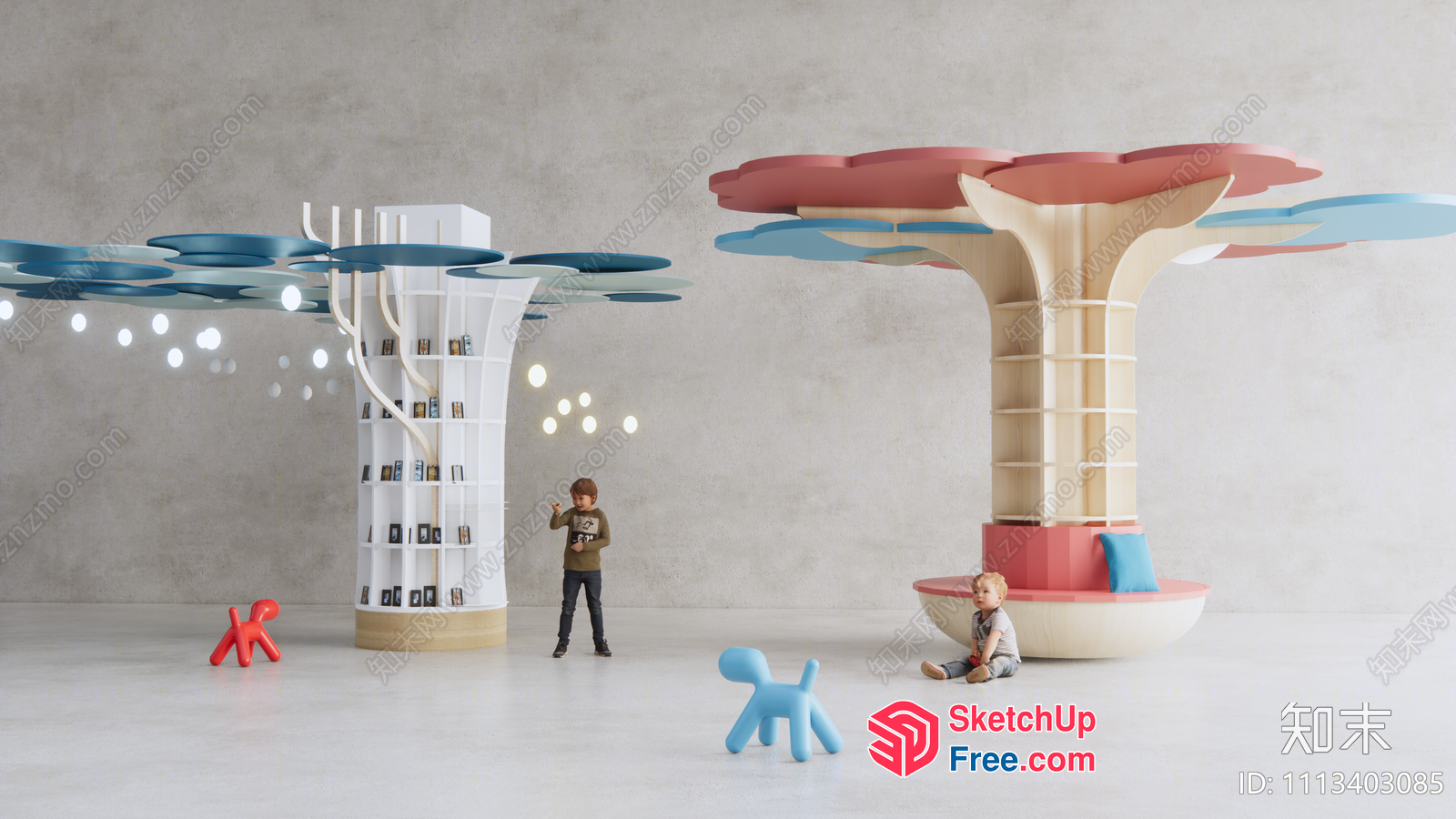 Futuristic Modern Tree-Shaped Bookcase And Seating Area 3D SketchUp File