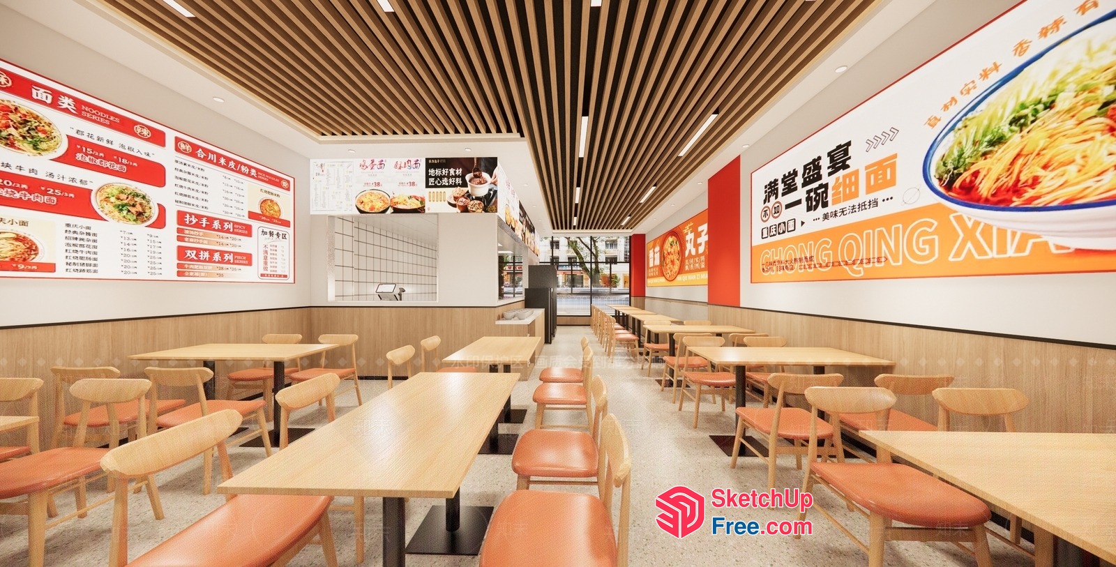 Modern Asian Restaurant Interior With Wooden Accents And Colorful Menu Boards 3D SketchUp File