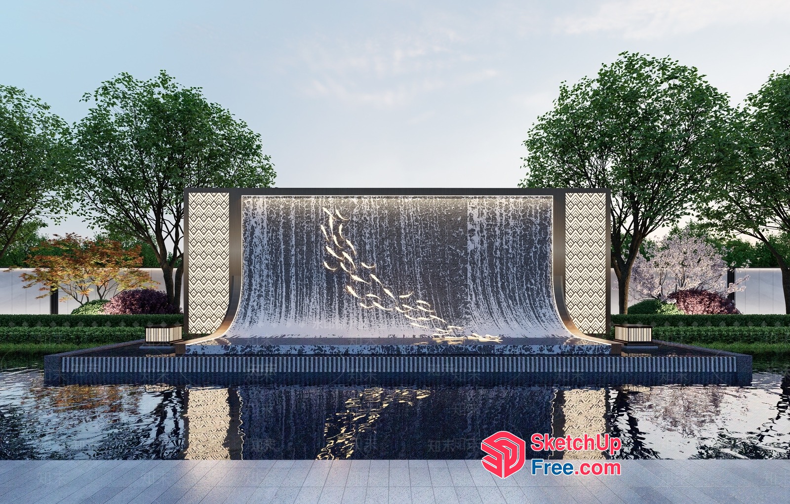 Modern Waterfall Feature With Elegant Lighting 3D SketchUp File