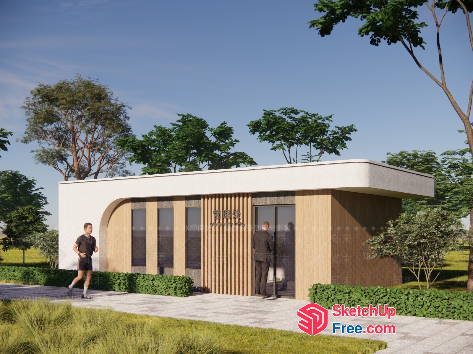 Modern Exterior Building With Wood Accents And Glass Doors 3D SketchUp File