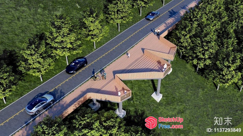 Outdoor Stairway To A Wooden Platform For Pedestrian Crossing 3D SketchUp File