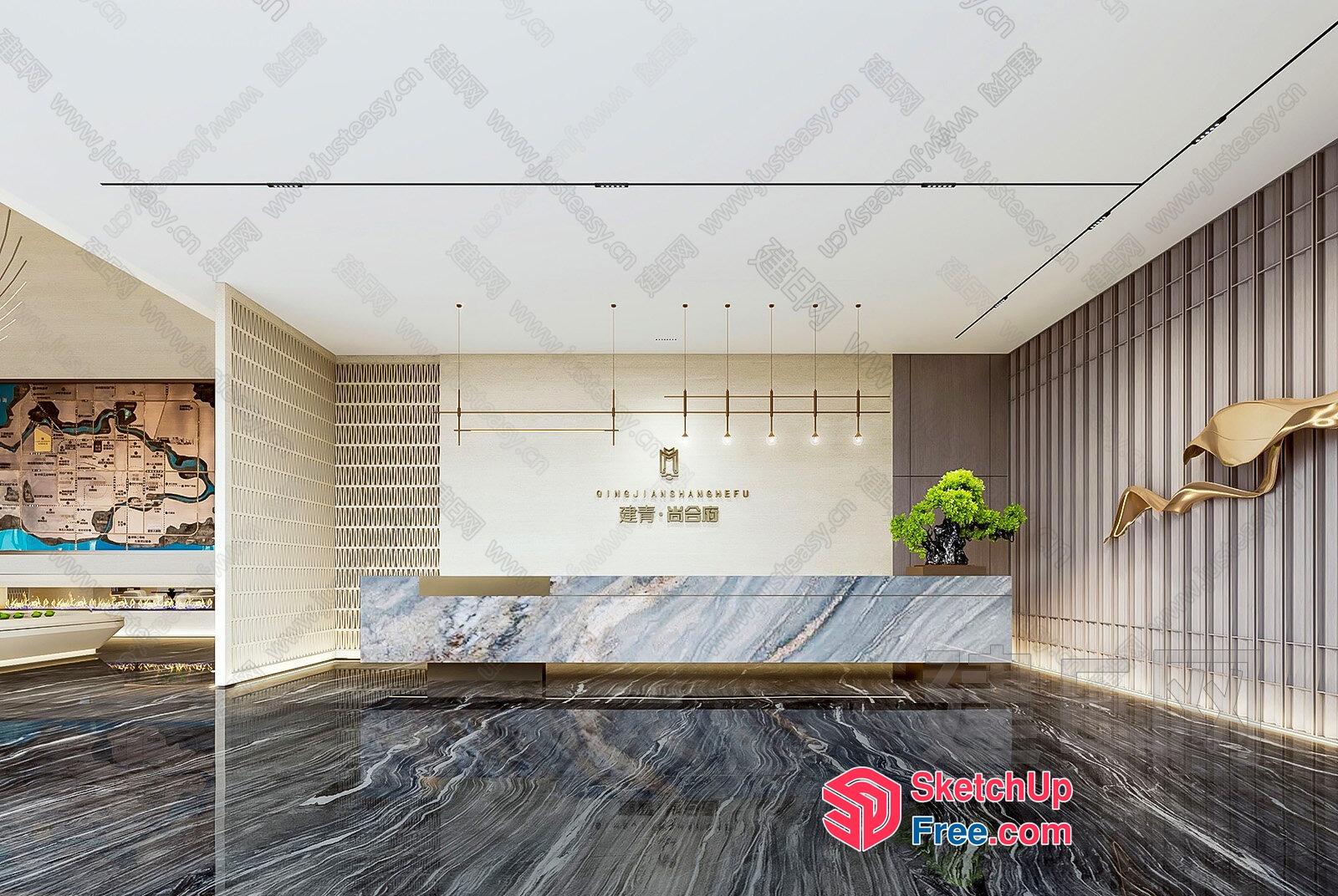 Modern Reception Area With Sleek Marble Flooring 3D SketchUp File