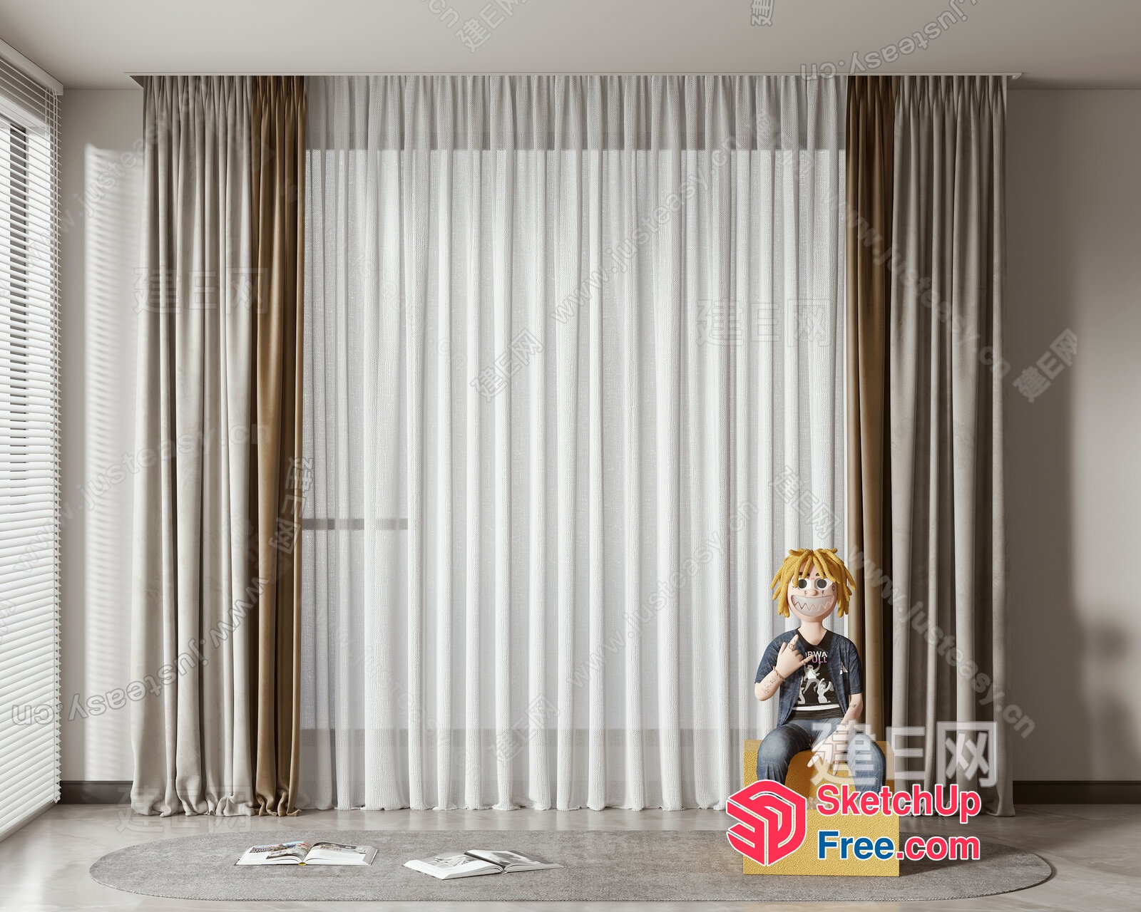 Minimalist Style Room With Blonde Doll On Yellow Chair 3D SketchUp File