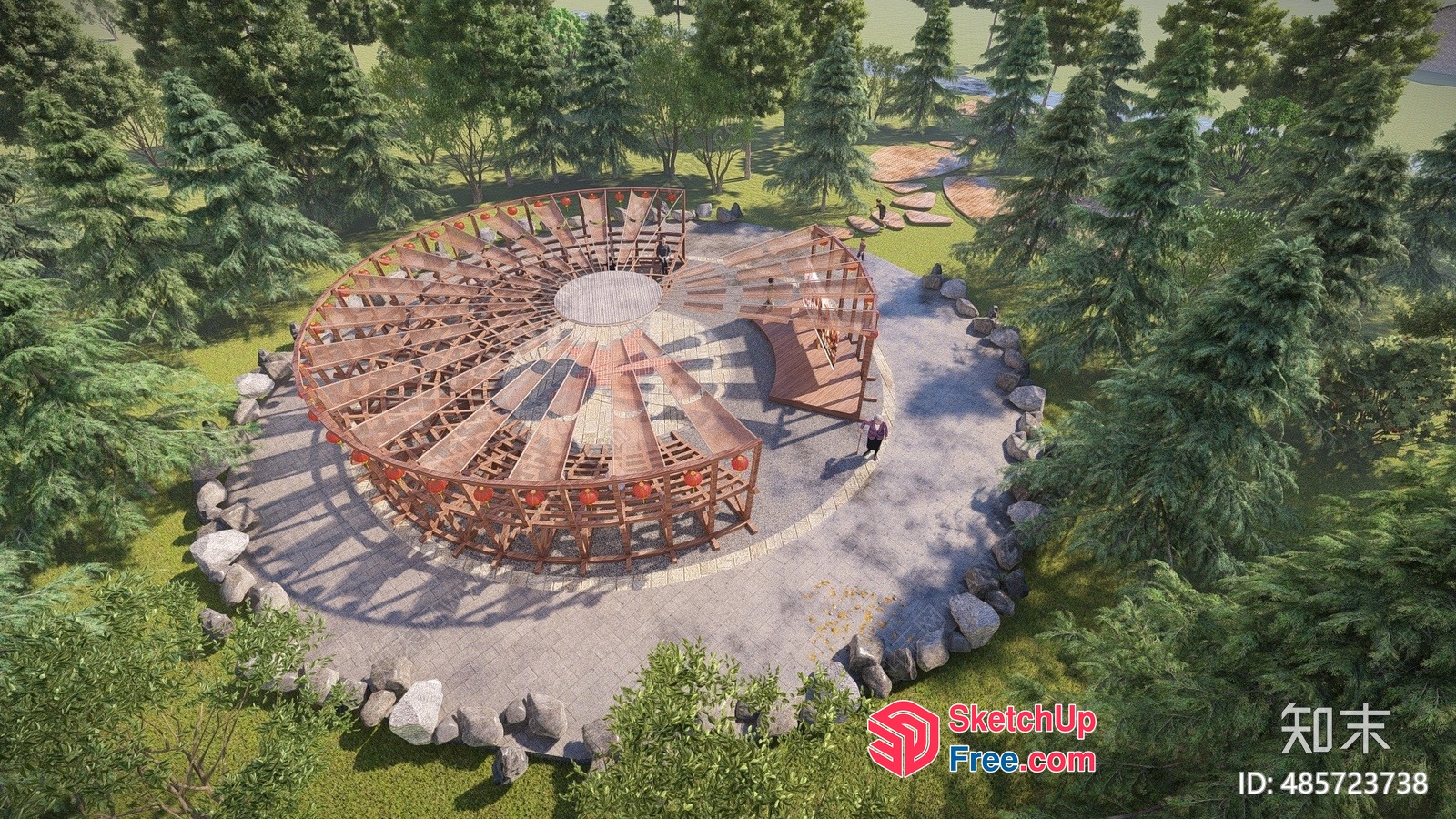 Circular Outdoor Stage With Wooden Structure And Seating 3D SketchUp File