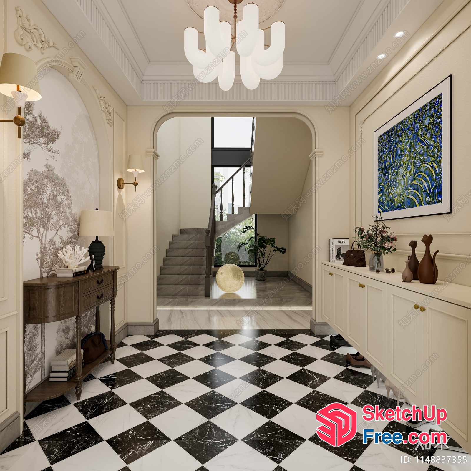 Elegant Staircase With Marble Floor And Creamy Style Decor 3D SketchUp File