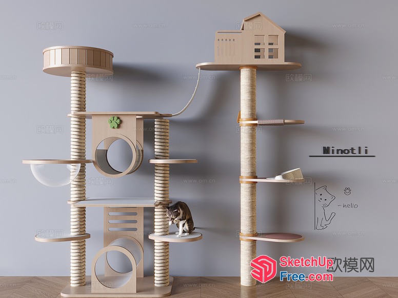 Modern Cat Tree With Multiple Perches And Tunnels 3D SketchUp File