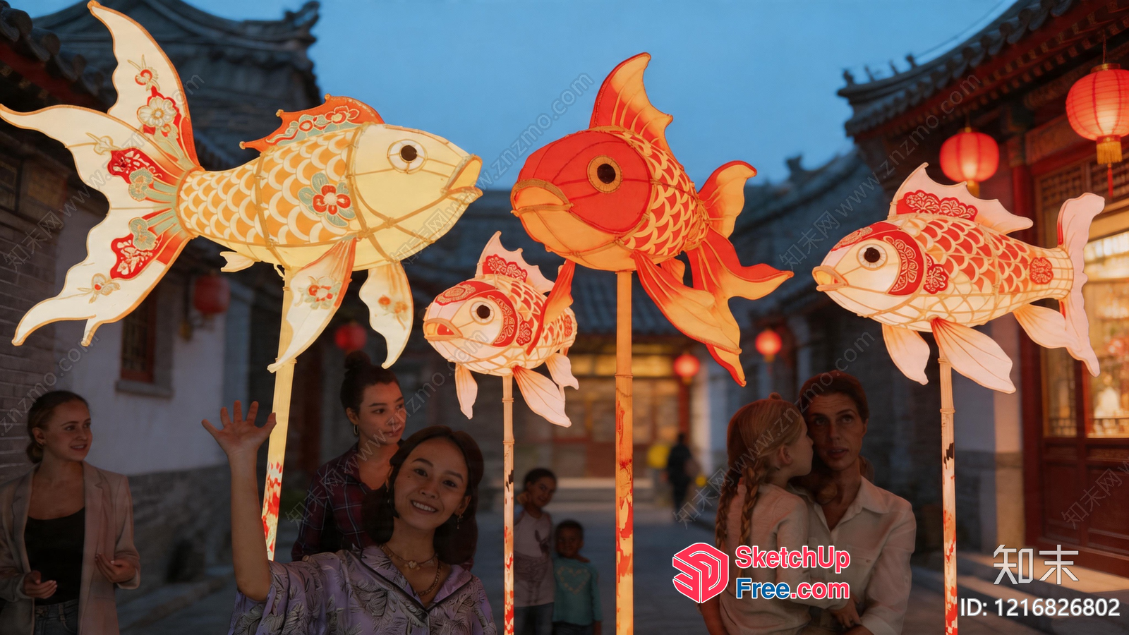 Colorful Fish Lanterns In A Traditional Chinese Setting 3D SketchUp File