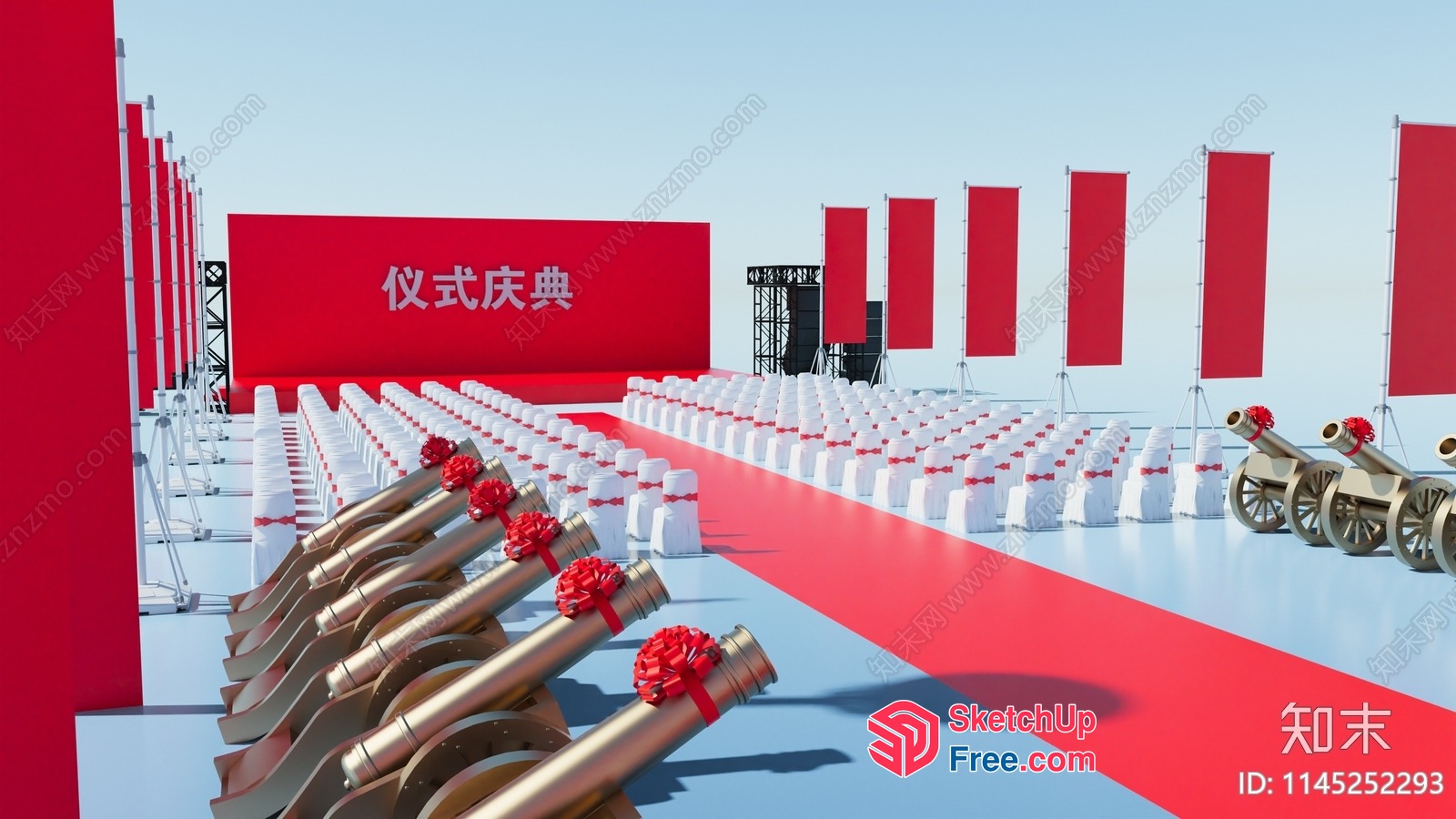Red And White Event Venue With Gold Cannons 3D SketchUp File