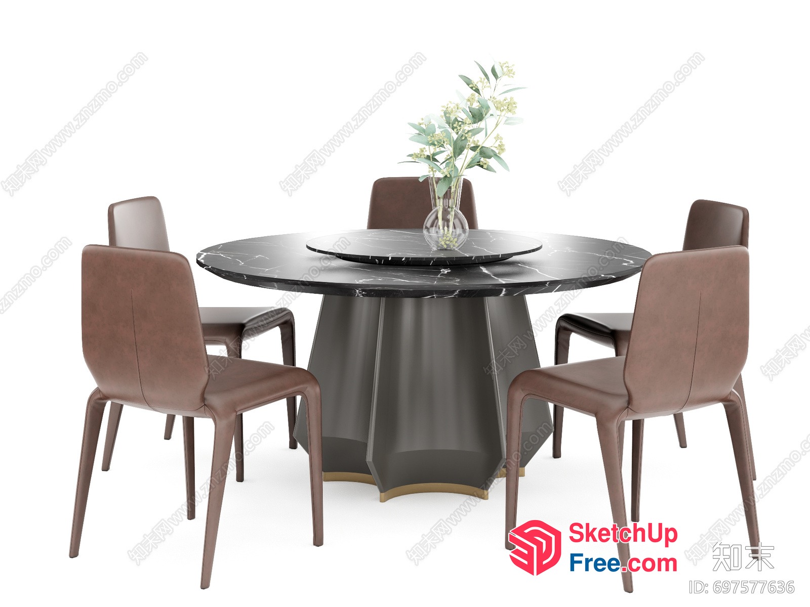 Round Dining Table With Brown Chairs And Black Marble Top 3D SketchUp File