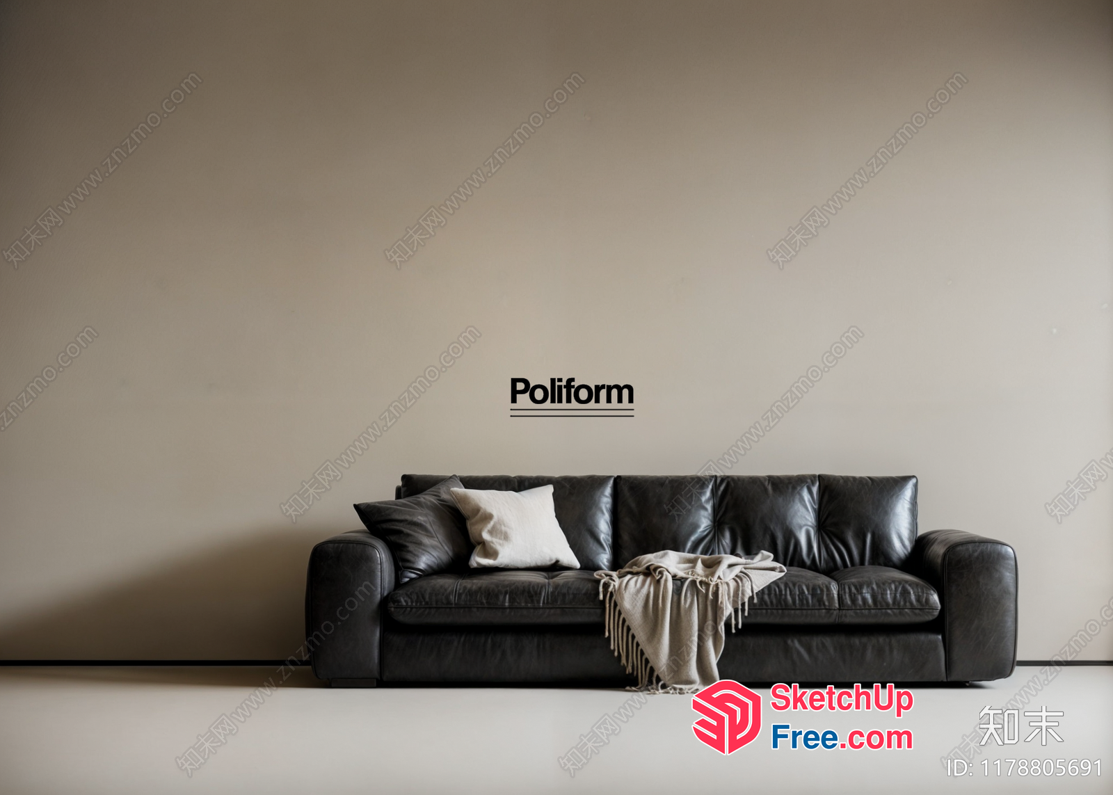 Minimalist Living Room With Black Leather Sofa And Cream Throw Blanket 3D SketchUp File