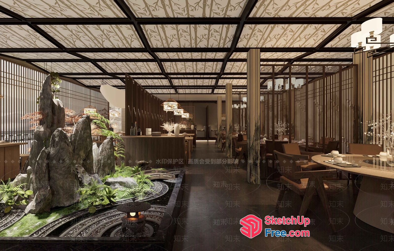 Elegant And Serene Asian-Inspired Restaurant Interior 3D SketchUp File