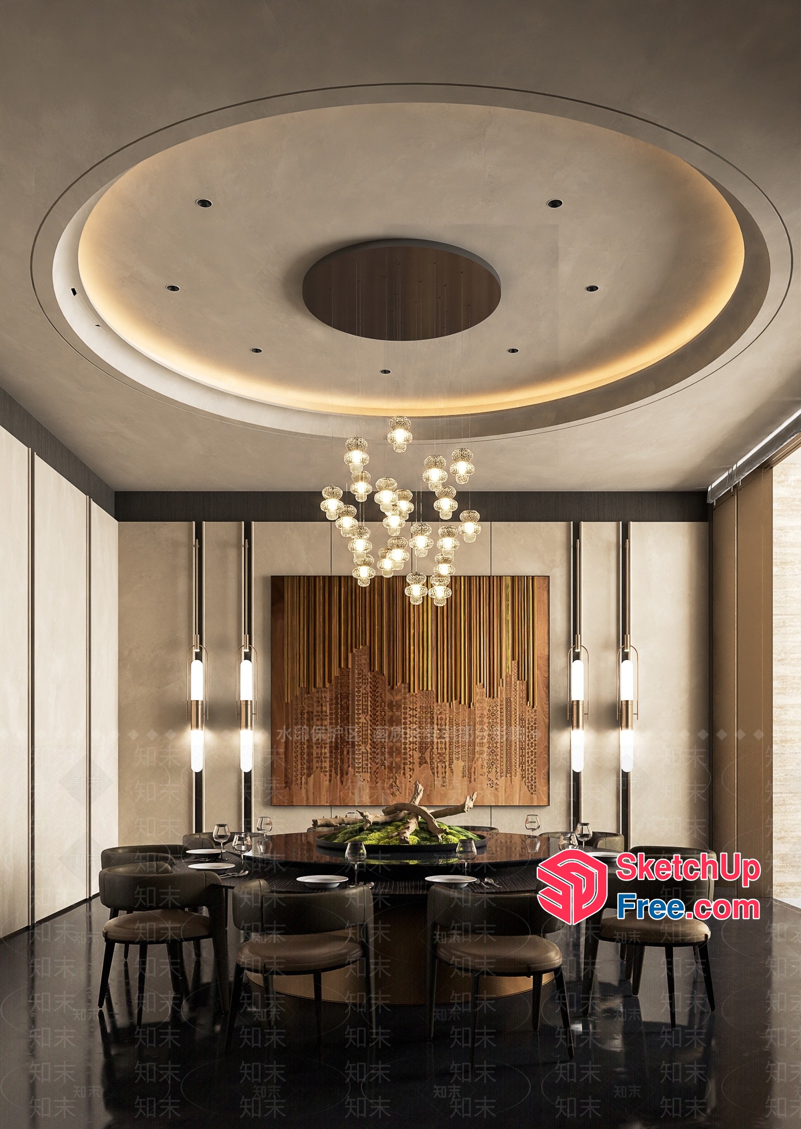 Modern Dining Room With Circular Ceiling And Chandelier 3D SketchUp File