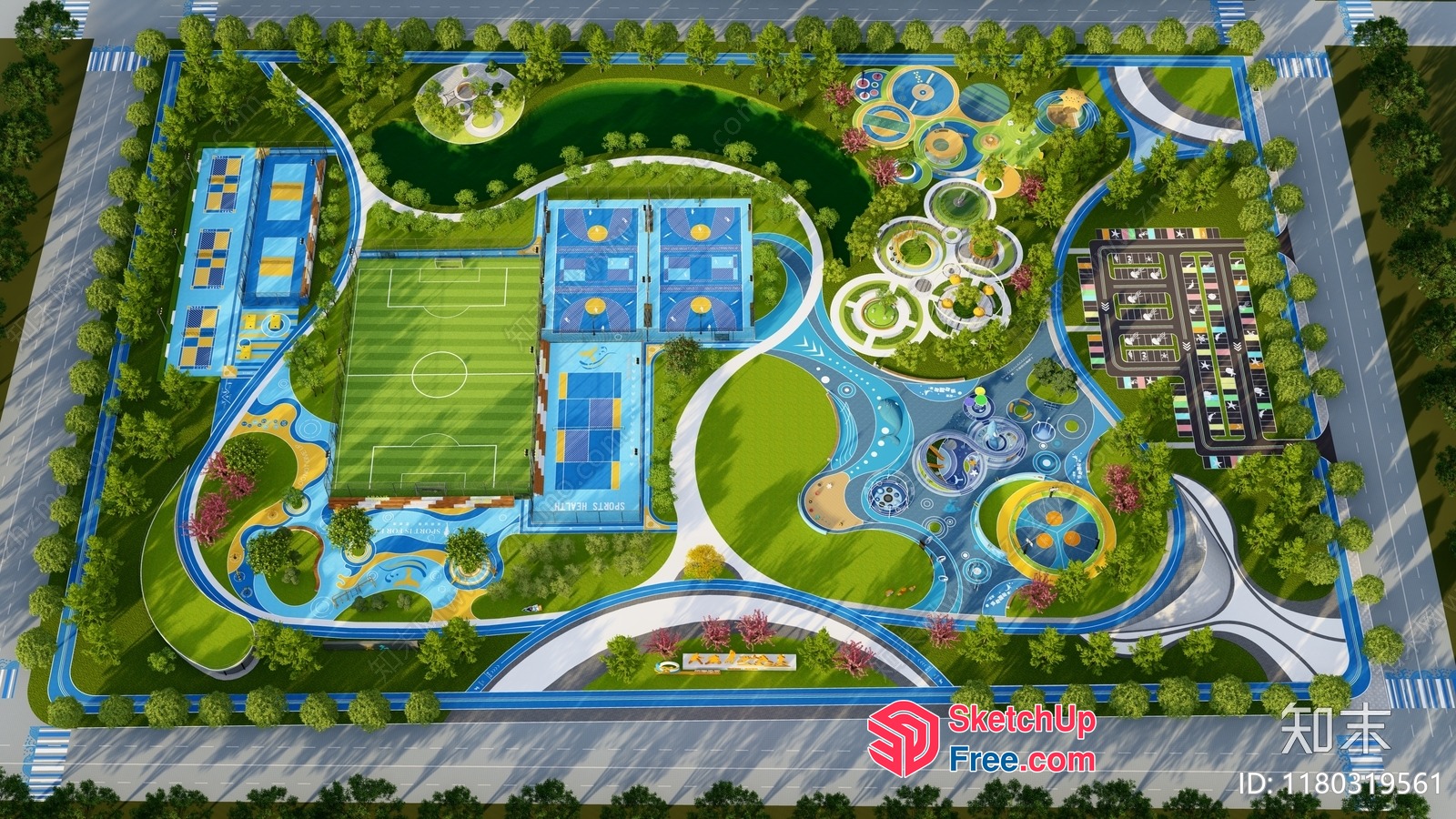 Modern Park Design With Sports Facilities And Water Features 3D SketchUp File