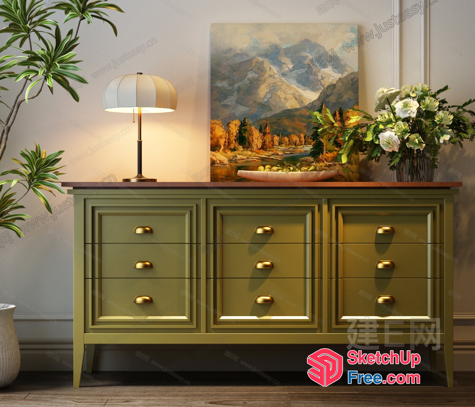 Olive Green Dresser With Gold Handles And Mountain Painting 3D SketchUp File