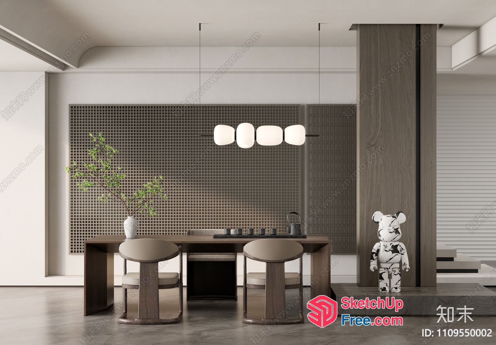 Minimalist Japanese Style Dining Room With Pillar And Stool 3D SketchUp File